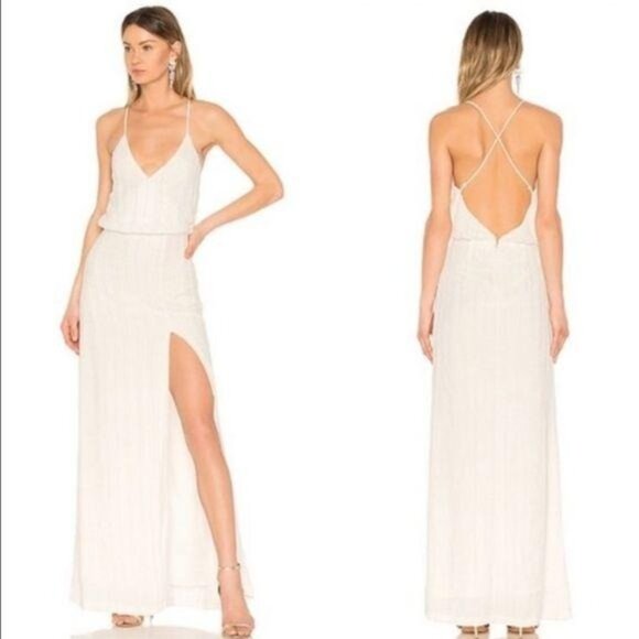 LPA Beaded Crossback Gown in Ivory Size Medium Maxi Dress Revolve Low Back Sz M - Picture 9 of 9